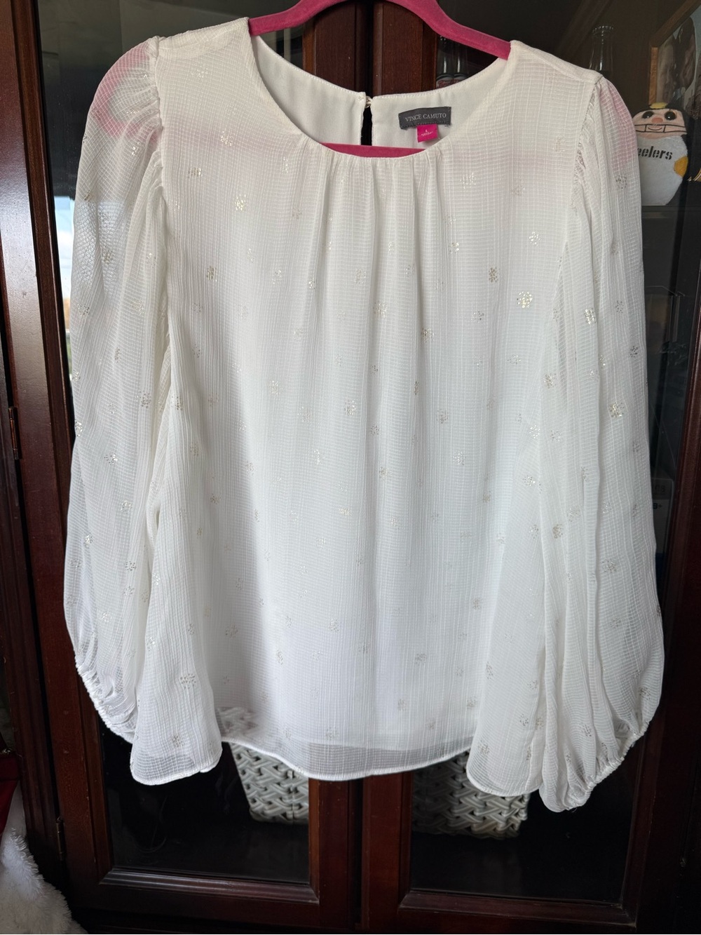 Vince Camuto White Sheer Blouse with Subtle Gold Dots